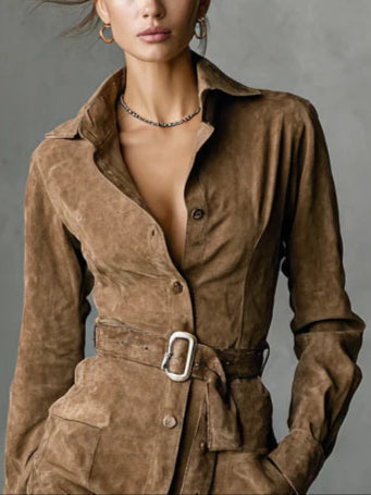 Skye | Long-Sleeve Suede Midi Dress